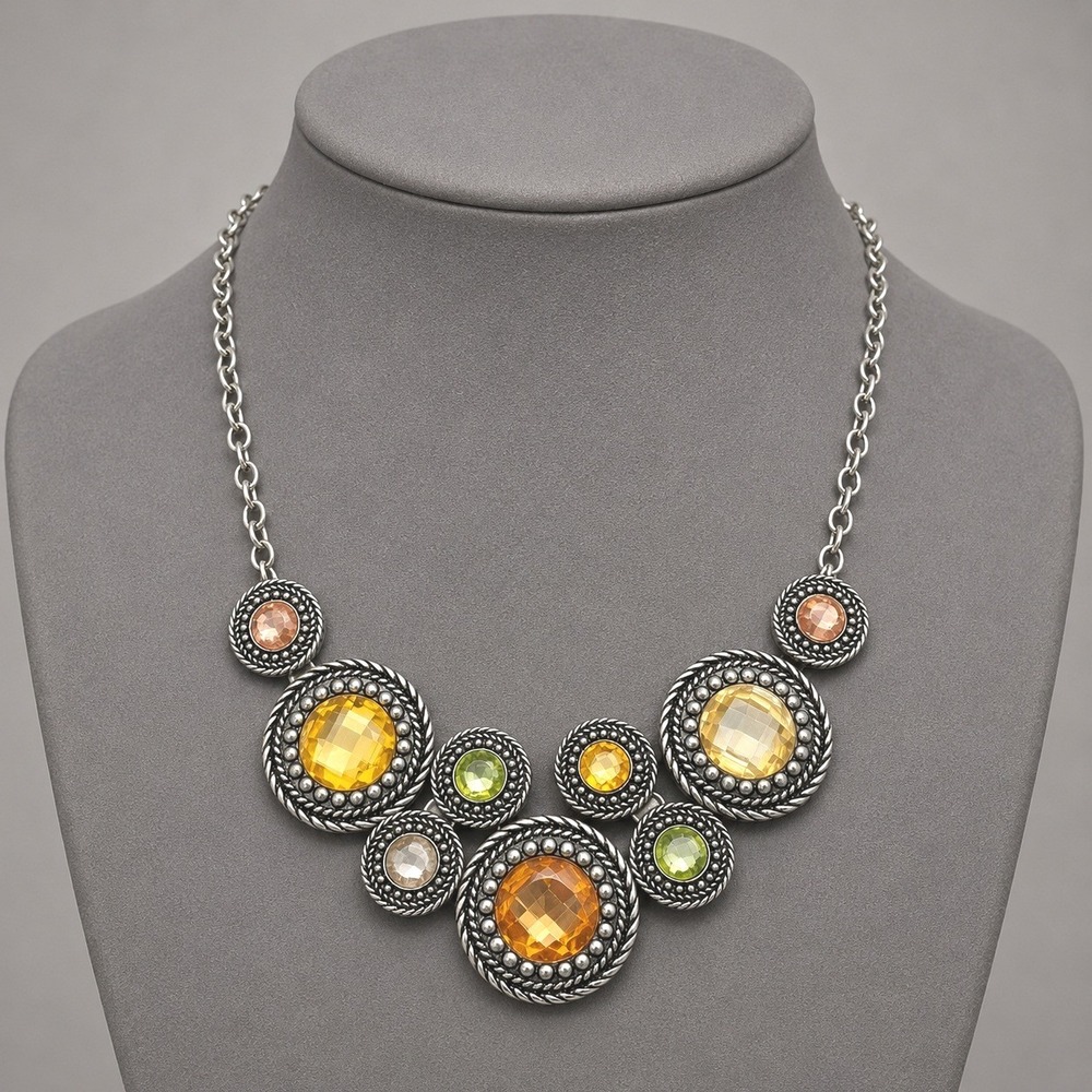 Premier Designs Necklace Multicolor Crystal Statement Bib Gold Tone 18-21"